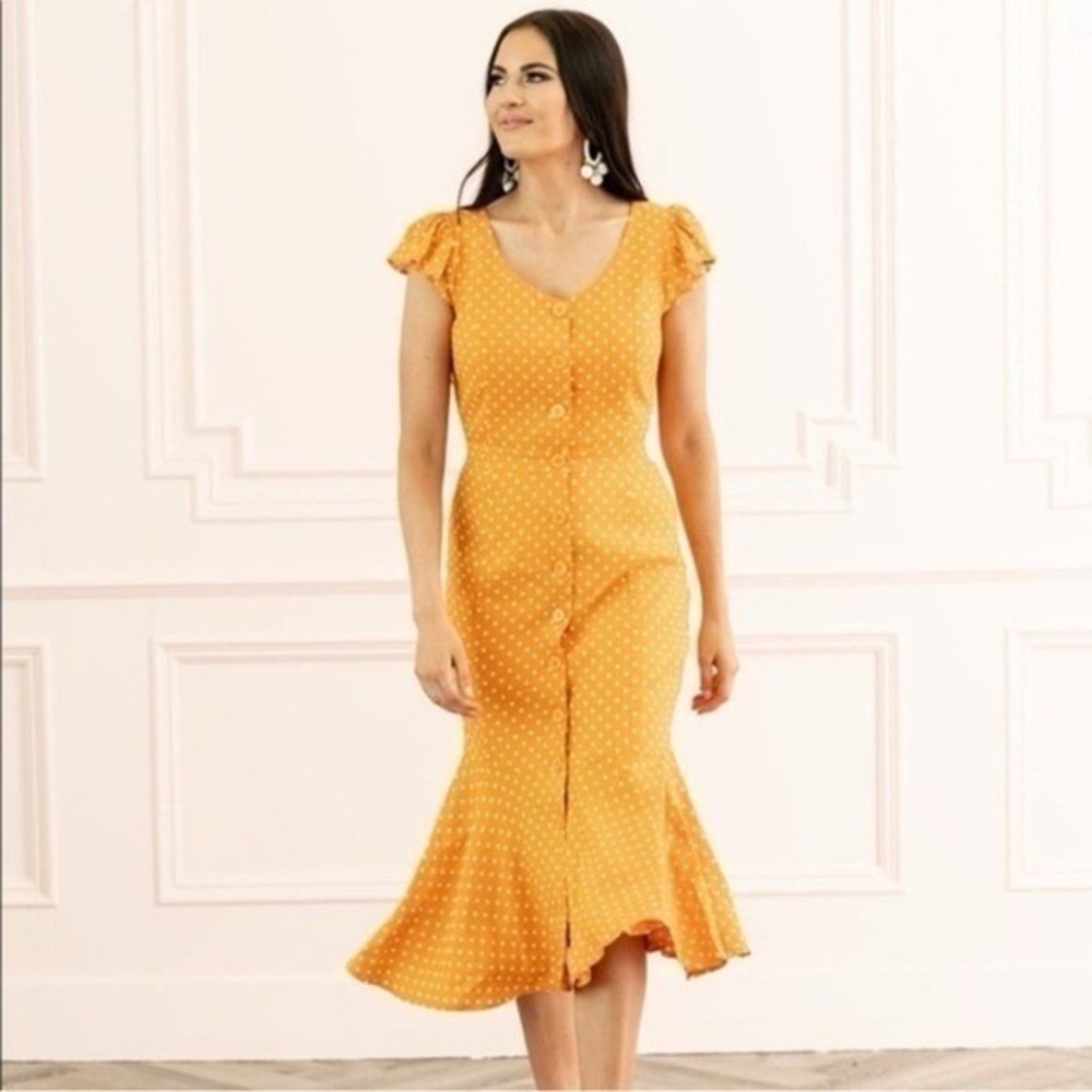 Rachel Parcell Linen Polka Dot Dress Button Down Midi Yellow Orange Size XL